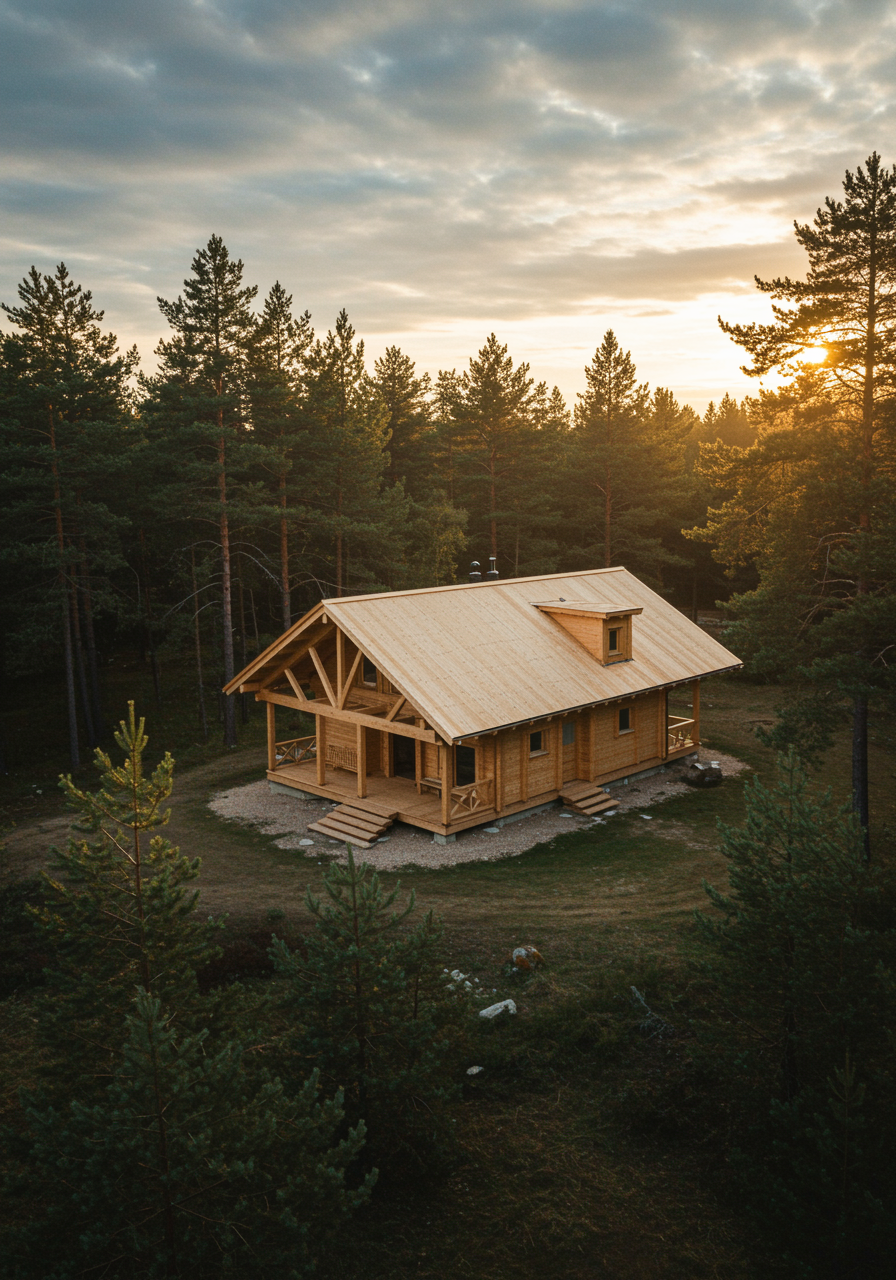 im seccion 3 1 "Casa de madera sostenible en un claro, con un diseño arquitectónico armonioso, uniones precisas y texturas naturales, iluminada por la luz dorada del atardecer."