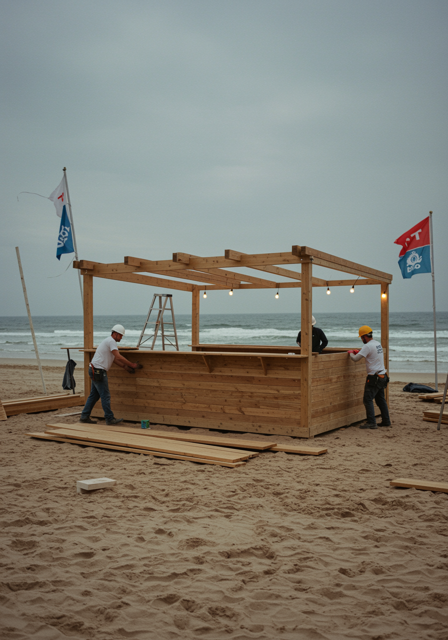 im seccion 3 2 "Bar de madera en construcción en una playa, con trabajadores ajustando tablones de madera al atardecer, creando un ambiente costero atractivo."