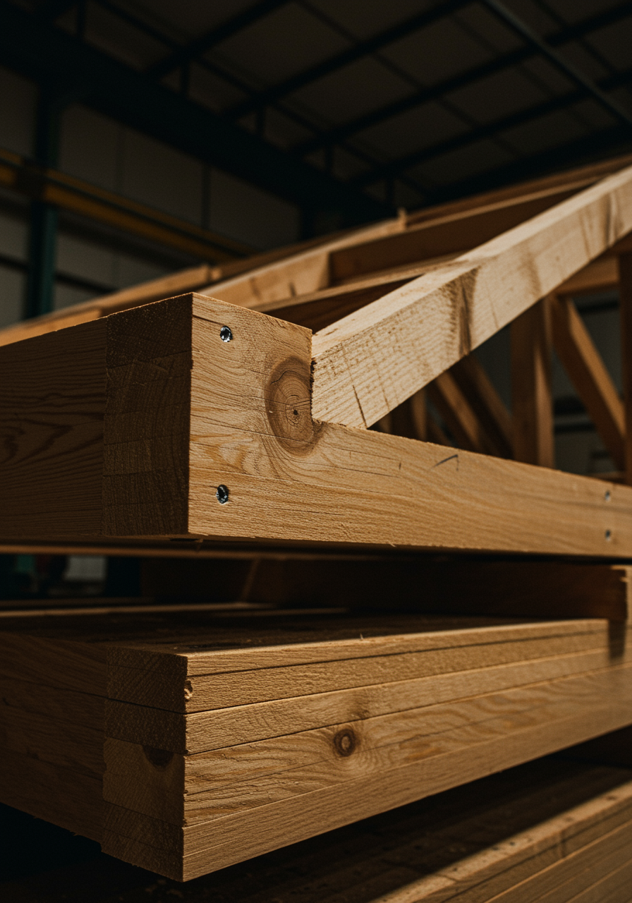 im seccion 3 3 "Primer plano de trusses de madera mecanizados con precisión en un taller, con superficies brillantes de vigas laminadas apiladas y detalles hiperrealistas que destacan los patrones de la madera."