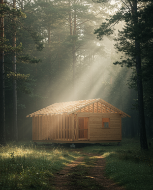 img seccion 6 1 "Eco-cabaña aislada en un claro del bosque, con estructura de madera y paneles aislantes, rodeada de pinos y en un entorno de neblina matutina."