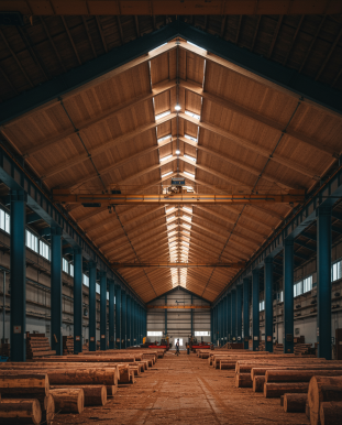img seccion 6 3 "Estructura de techo de madera laminada curvada en un taller de montaña, con grúas industriales y luz difusa resaltando los detalles del grano de la madera y los herrajes de acero."