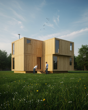 img seccion 6 4 "Casa modular de madera ecológica en un terreno verde, con una pareja blanca inspeccionando la estructura, destacando el diseño sostenible y los paneles apilados en un renderizado fotorealista."