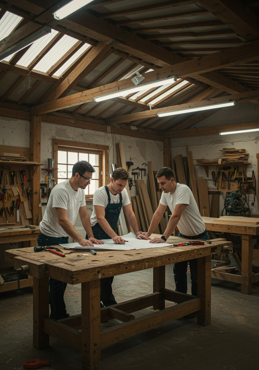 img seccion 4 "Taller acogedor con carpinteros colaborando en planos sobre un banco de trabajo, destacando la artesanía y el uso de materiales sostenibles."